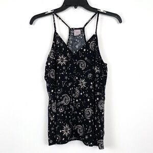 Celestial moon & stars tank black rayon racerback top with white pattern, medium